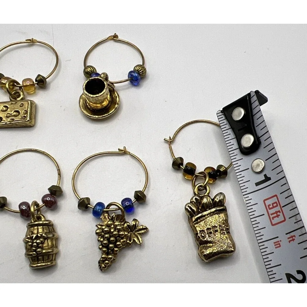 LOT of 10 Vintage Wine Glass Charms Gold Tone Metal Variety Themes